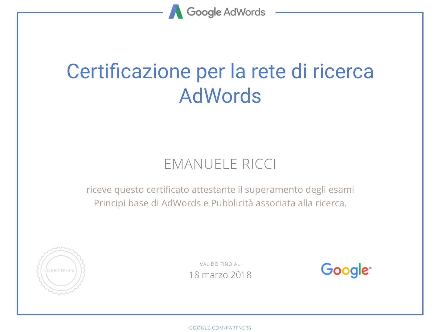 Certificazione Google AdWords